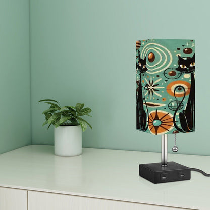 Kate McEnroe New York Retro Atomic Cat Table Lamp With USB Charging Ports, Mid Century Modern Geometric Accent Light, Aqua Linen ShadeDesk LampsYfloSvmfKP