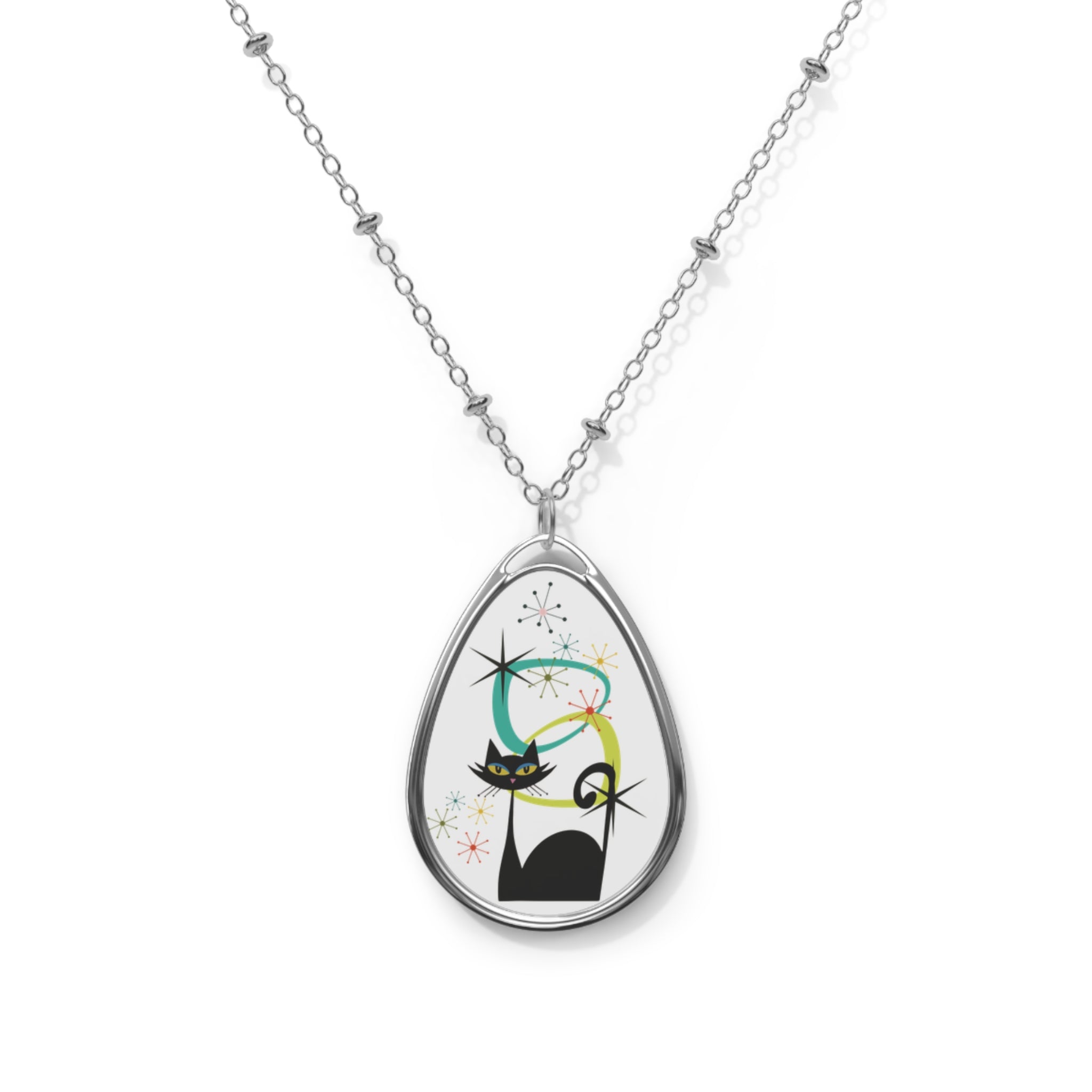 Kate McEnroe New York Retro Atomic Cat Teardrop Necklace, Mid Century Modern Space Age Starburst Pendant, 50s Mod JewelryNecklaces30382827464019138215