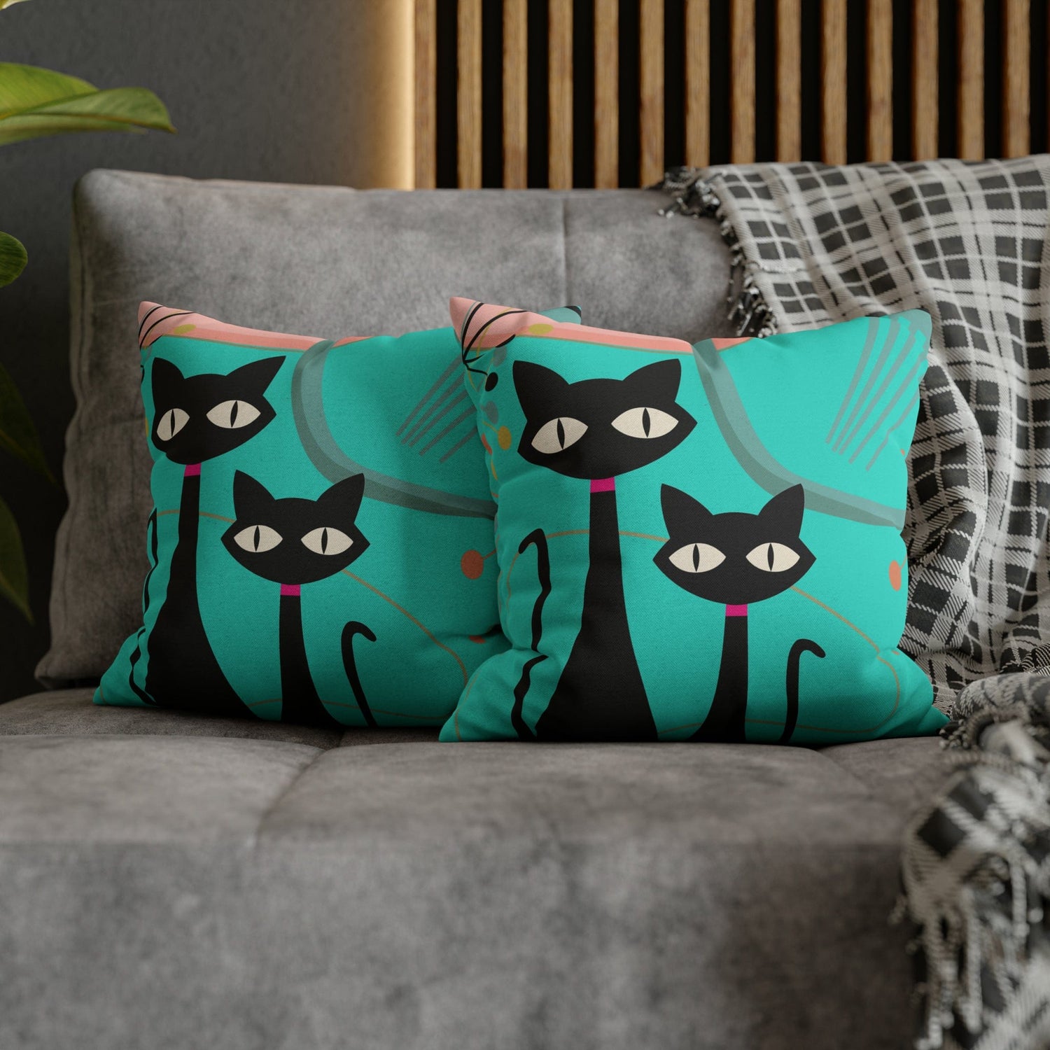 Kate McEnroe New York Retro Atomic Cat Throw Pillow Cover in Mid Century Modern Turquoise and Pink Throw Pillow Covers