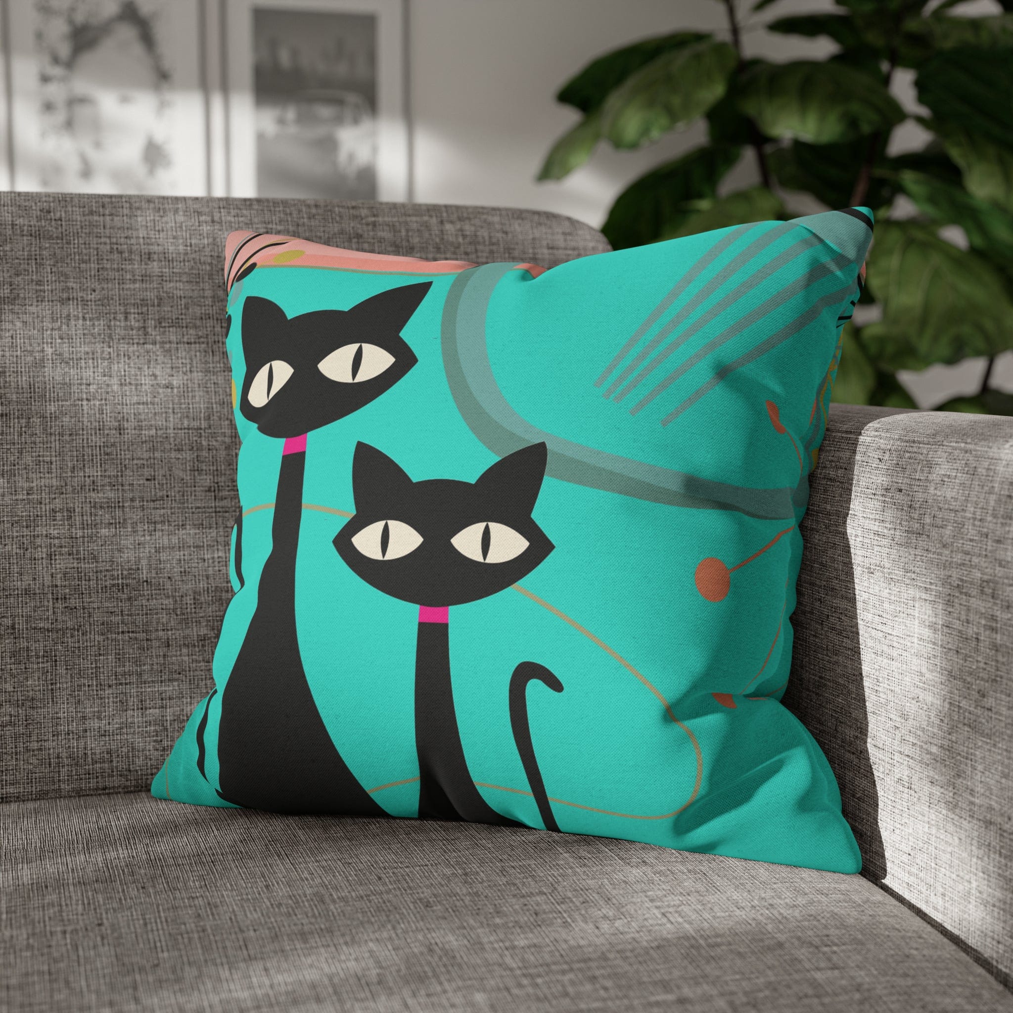 Kate McEnroe New York Retro Atomic Cat Throw Pillow Cover in Mid Century Modern Turquoise and PinkThrow Pillow Covers20386499625966845804