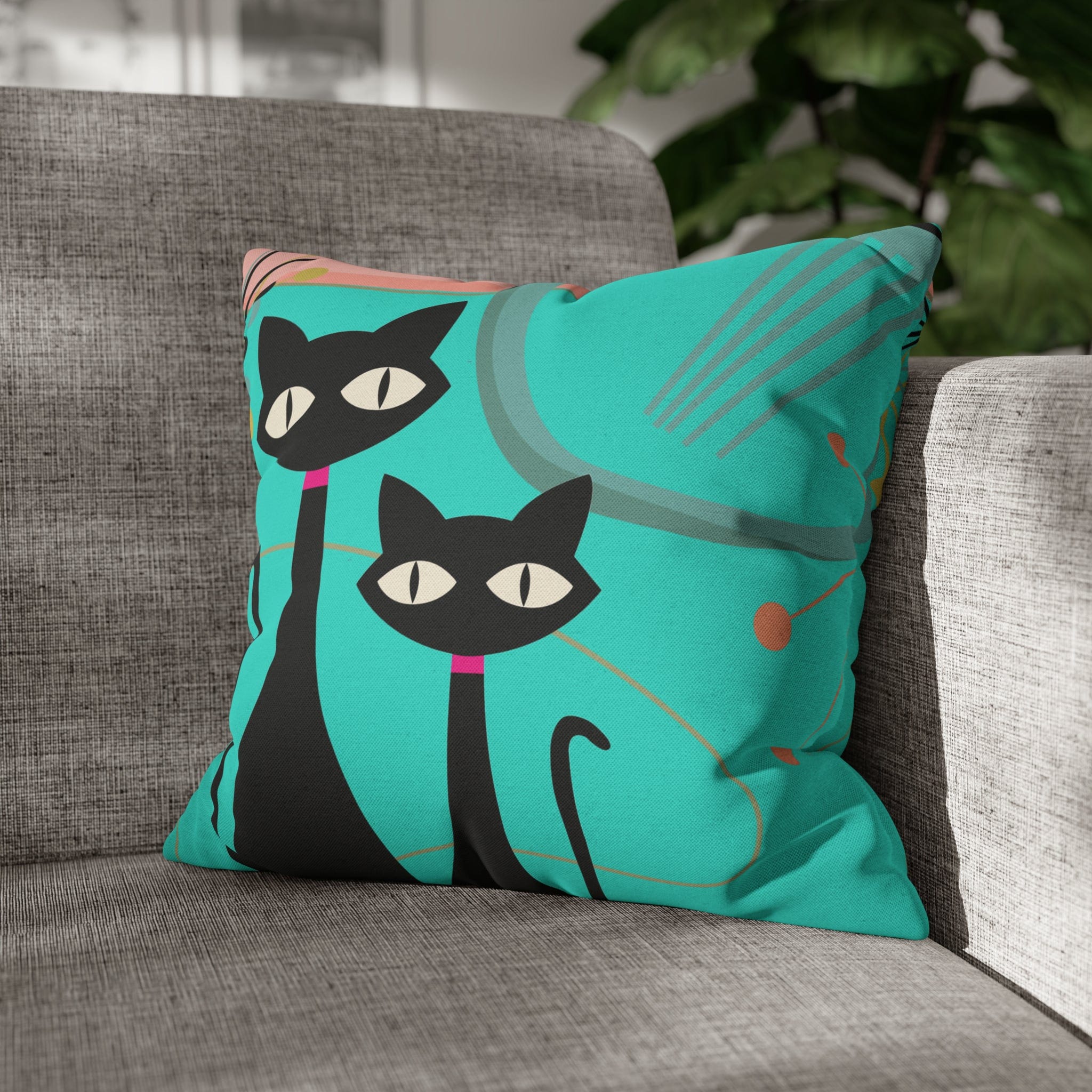 Kate McEnroe New York Retro Atomic Cat Throw Pillow Cover in Mid Century Modern Turquoise and PinkThrow Pillow Covers74153771027937487864