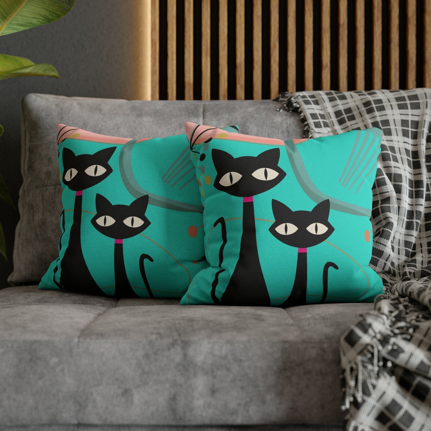 Kate McEnroe New York Retro Atomic Cat Throw Pillow Cover in Mid Century Modern Turquoise and PinkThrow Pillow Covers74153771027937487864