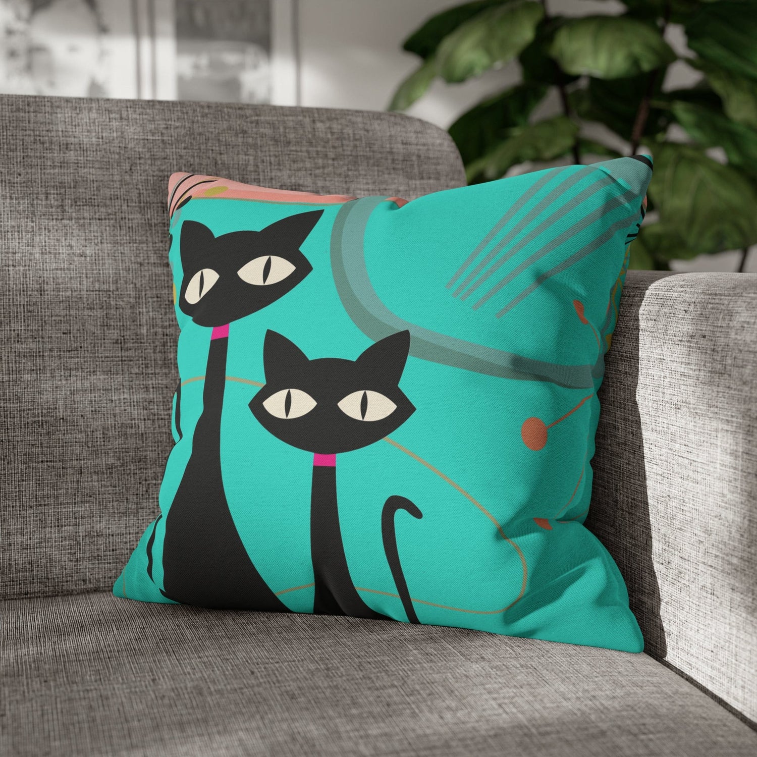 Kate McEnroe New York Retro Atomic Cat Throw Pillow Cover in Mid Century Modern Turquoise and PinkThrow Pillow Covers74153771027937487864