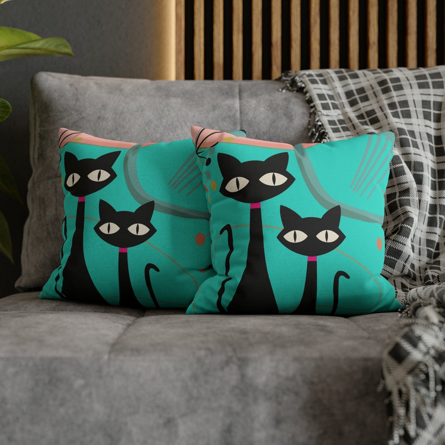 Kate McEnroe New York Retro Atomic Cat Throw Pillow Cover in Mid Century Modern Turquoise and PinkThrow Pillow Covers74153771027937487864