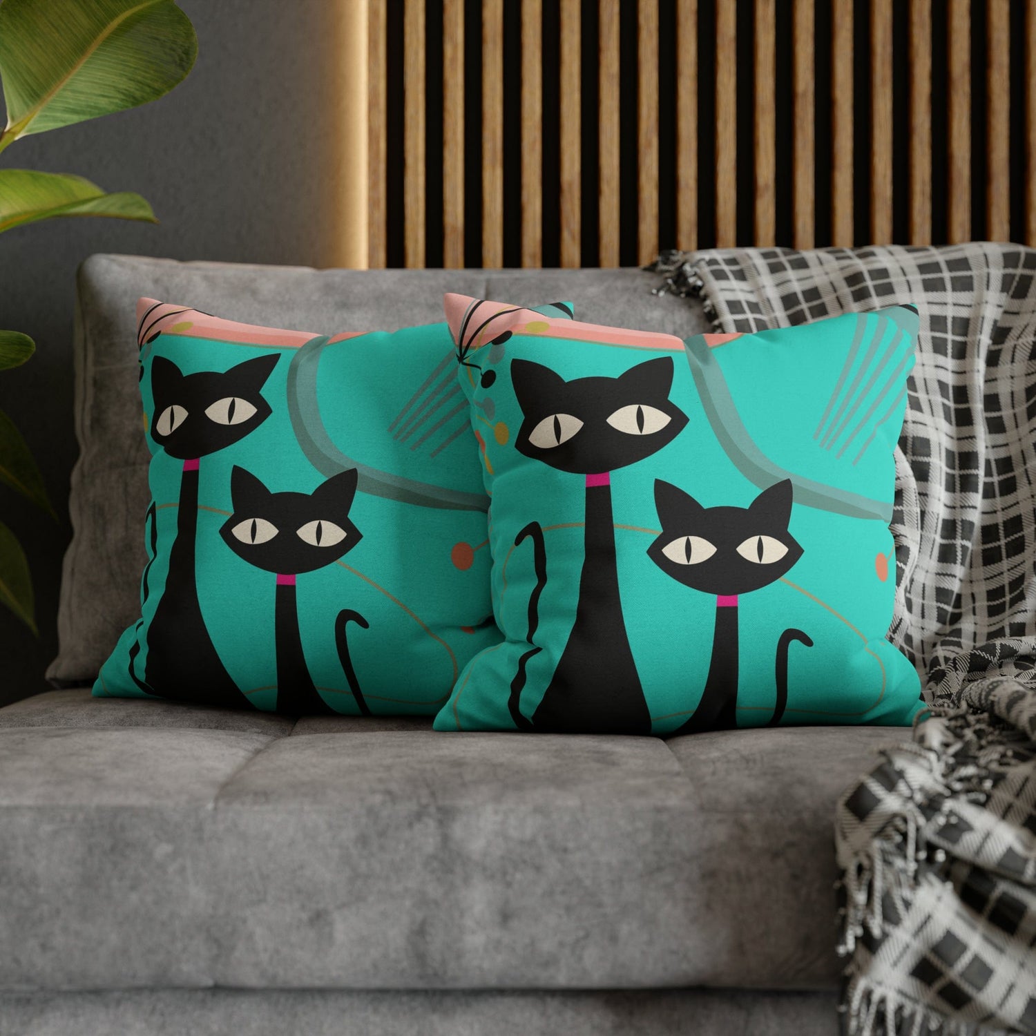 Kate McEnroe New York Retro Atomic Cat Throw Pillow Cover in Mid Century Modern Turquoise and PinkThrow Pillow Covers74153771027937487864