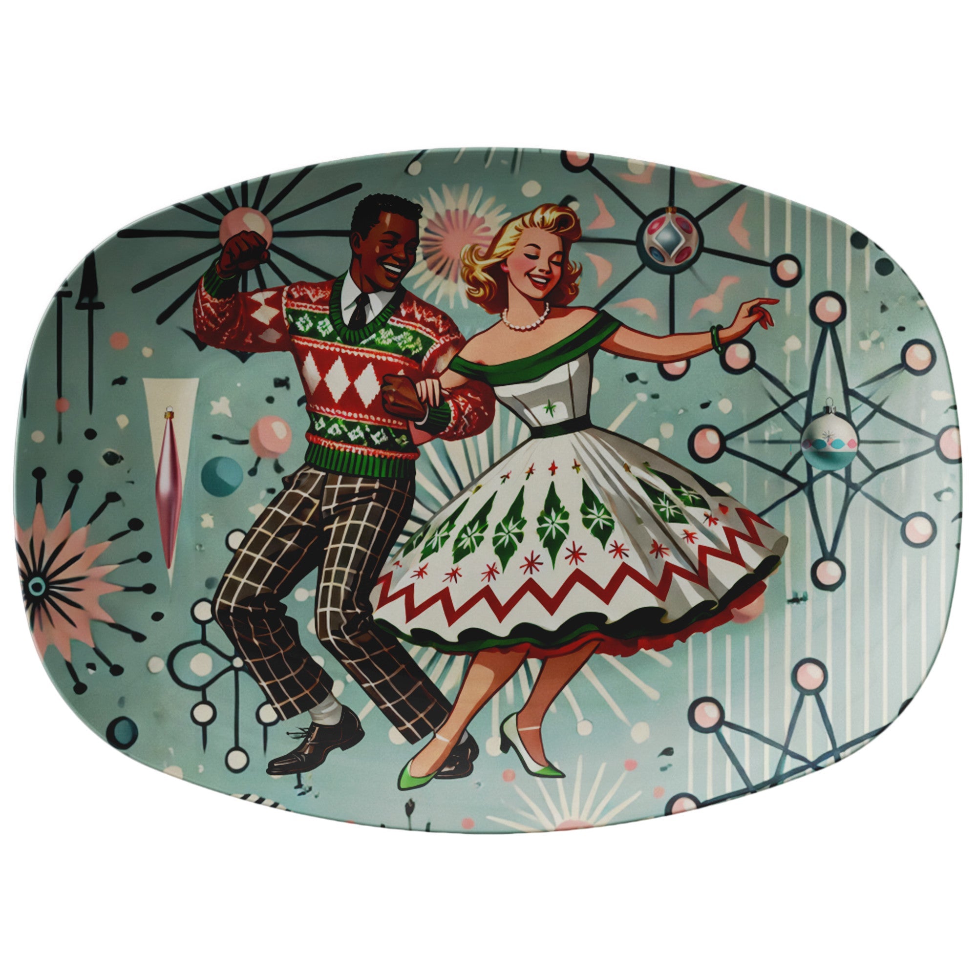 Kate McEnroe New York Retro Atomic Christmas Party Platter, Mid Century Modern Mixed Race Couple, Vintage 50s Kitsch Holiday Tableware, Festive Serving TrayServing PlattersP23 - MIX - RACE - 4