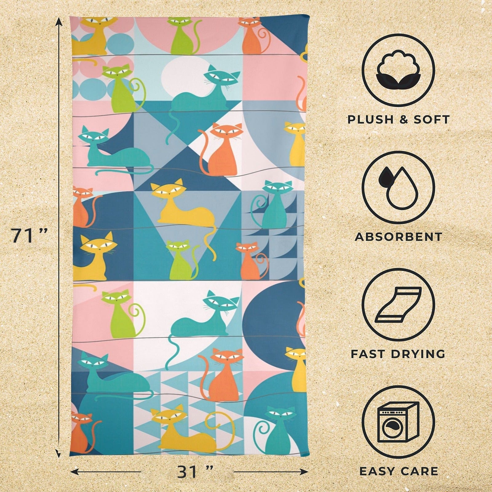 Kate McEnroe New York Retro Atomic Kitschy Cat Beach TowelBeach TowelsD2837140