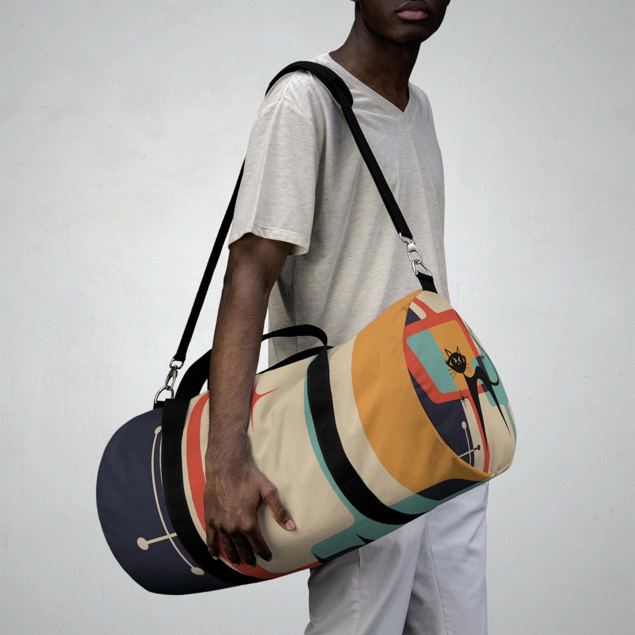 Kate McEnroe New York Retro Atomic Kitschy Cat Duffel Bag, Mid Century Modern Workout, Gym, Yoga Gear for Fitness Enthusiasts, Versatile Storage, Travel AdventureDuffel Bags41605741906147508582