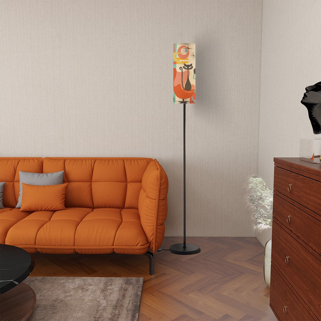 Kate McEnroe New York Retro Atomic Kitschy Cat Tall Floor Lamp, Mid Century Modern Teal Orange Mod LightingFloor LampsMx7wFH9EWX