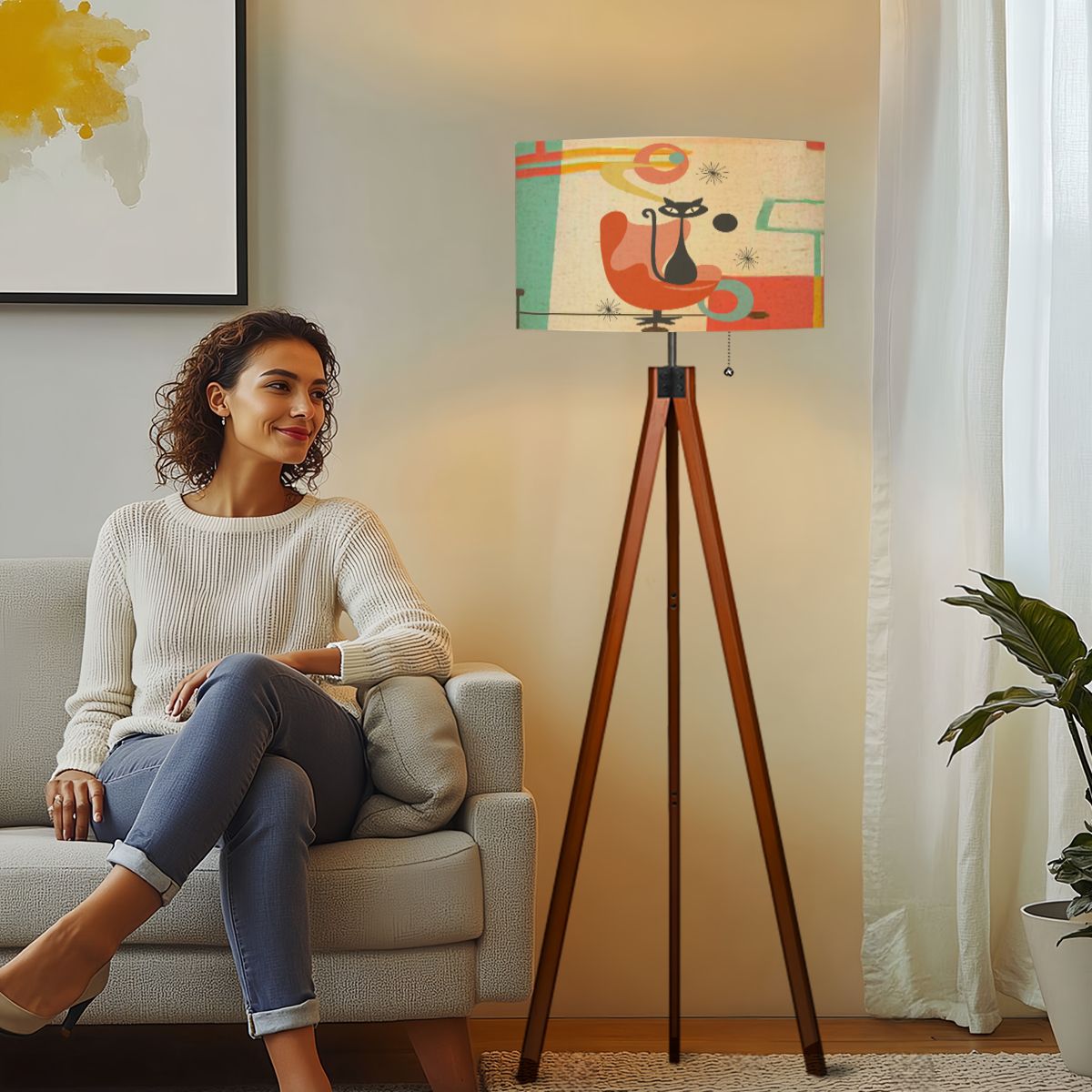 Kate McEnroe New York Retro Atomic Kitschy Cat Tripod Floor Lamp, Mid Century Modern Teal Orange LightingFloor LampsUHk66JRtqf