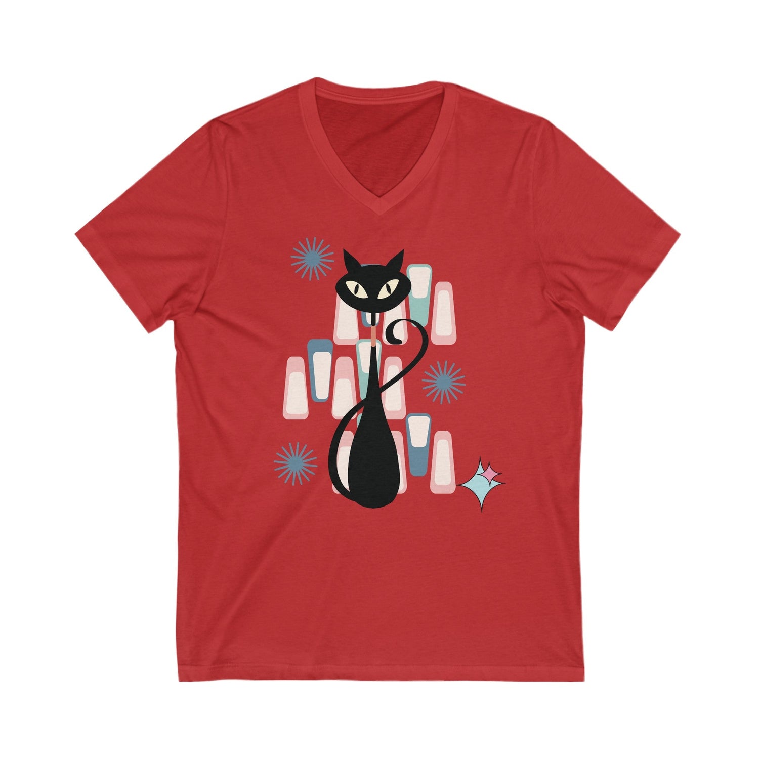 Kate McEnroe New York Retro Atomic Kitschy Cat V - Neck T - Shirt, Mid Century Modern Retro Geometric Tee, Gift for Cat LoversT - Shirts25862717375735139969