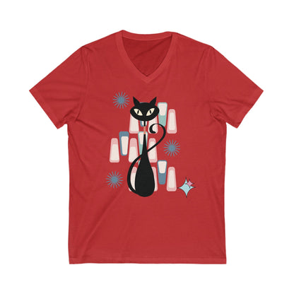 Kate McEnroe New York Retro Atomic Kitschy Cat V - Neck T - Shirt, Mid Century Modern Retro Geometric Tee, Gift for Cat LoversT - Shirts25862717375735139969