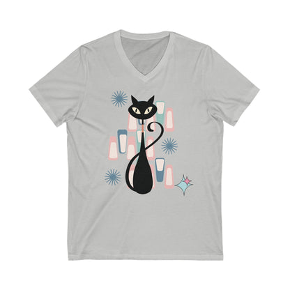 Kate McEnroe New York Retro Atomic Kitschy Cat V - Neck T - Shirt, Mid Century Modern Retro Geometric Tee, Gift for Cat LoversT - Shirts33731695250386946309