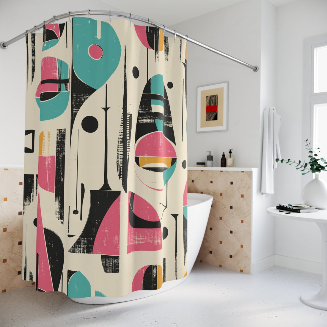 Kate McEnroe New York Retro Atomic Mid Century Modern Abstract Shower Curtain, Teal Pink Geometric 50s Bathroom Art, Vintage Style Home DecorShower Curtains29958799416143573851