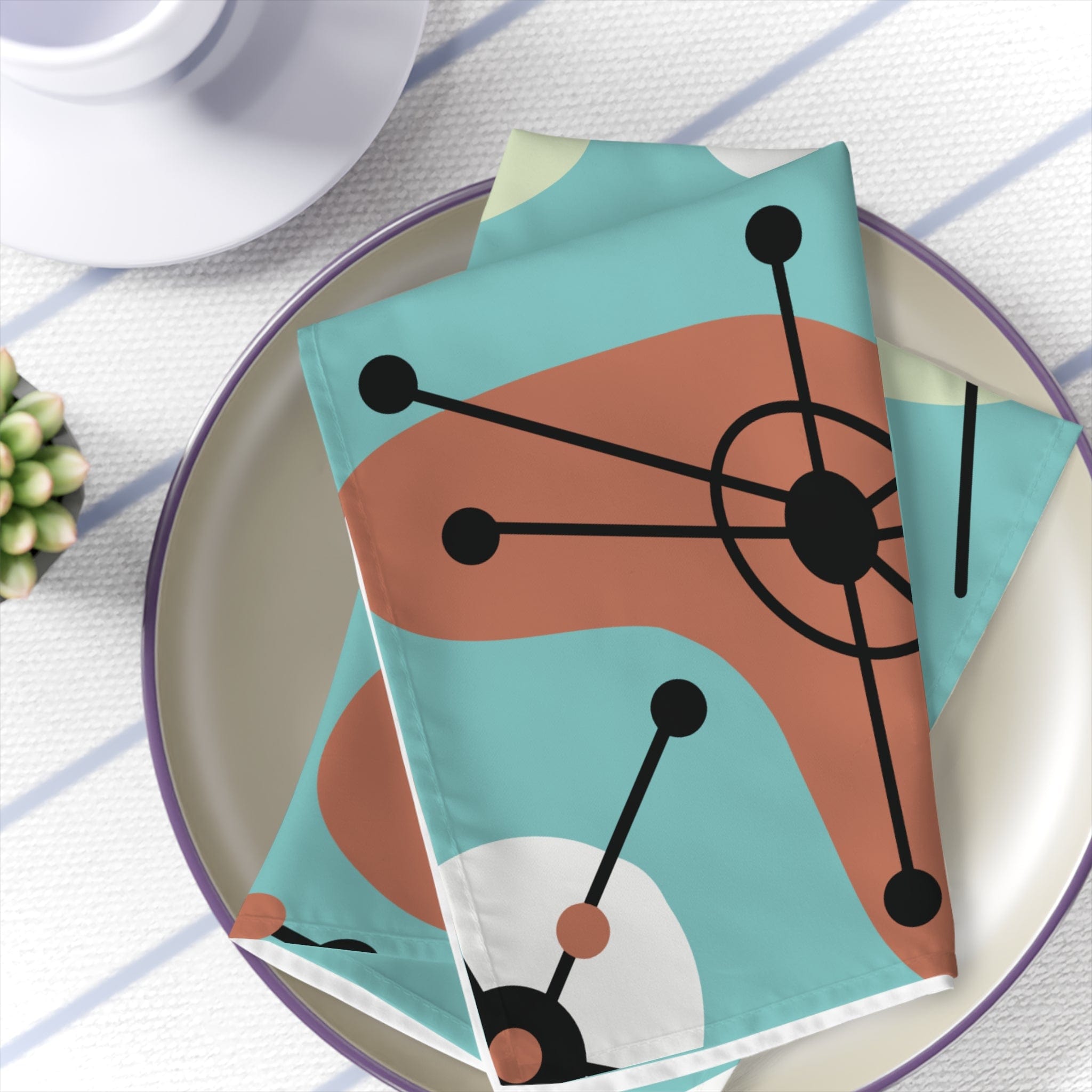 Kate McEnroe New York Retro Atomic Mid Century Modern Cloth Napkins, MCM Geometric Aqua Blue Set of 4 Table LinensNapkins25701105456587156133