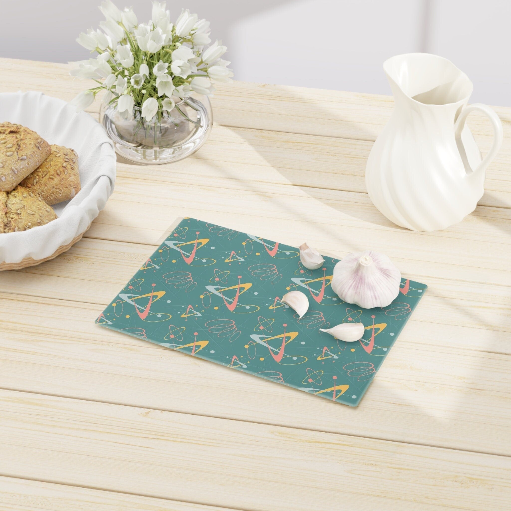 Kate McEnroe New York Retro Atomic Starburst Glass Cutting Board, 50s Mid Century Modern Teal, Pink, Yellow Boomerang Tempered Glass Chopping Board, Gift for MomCutting Boards43223678332635311404