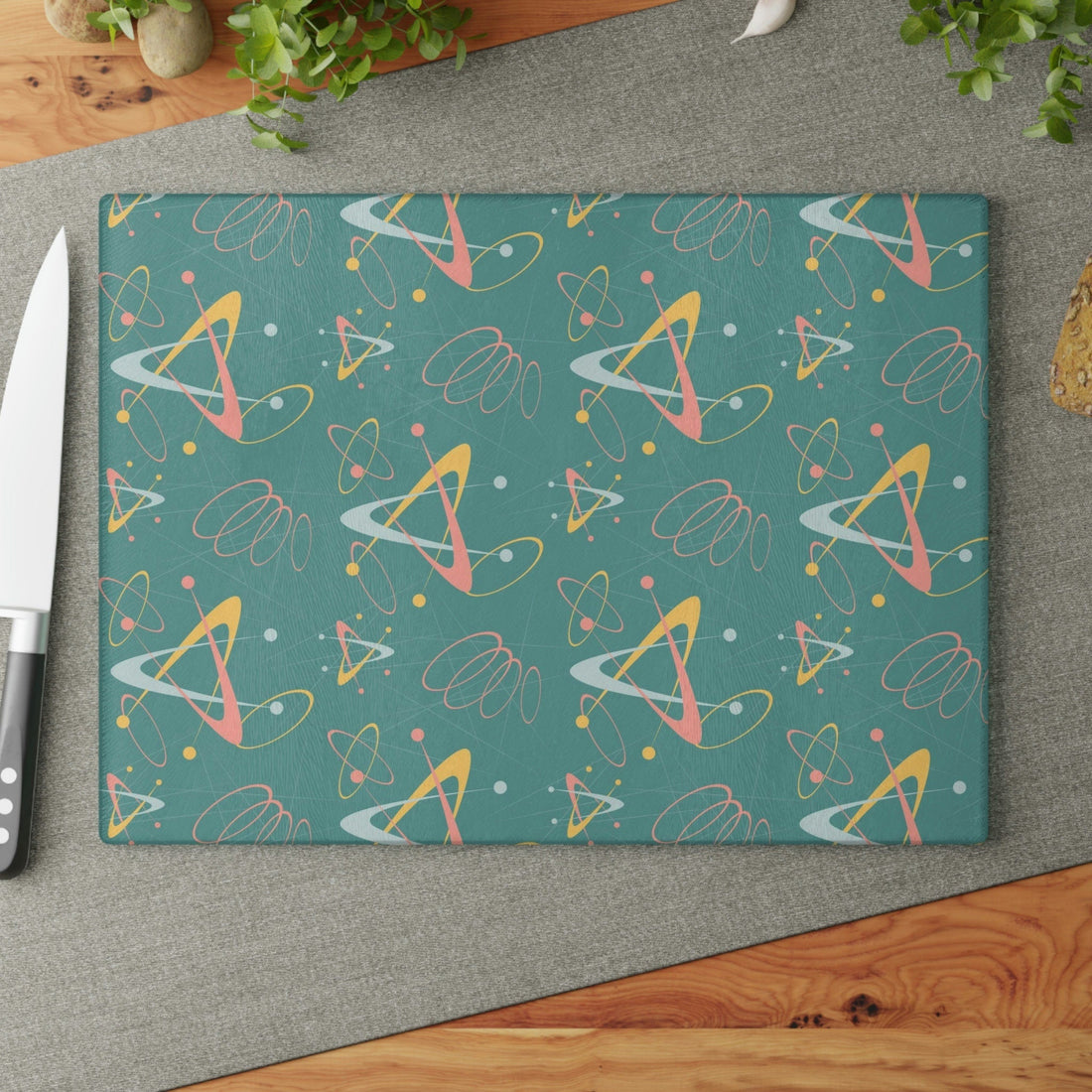 Kate McEnroe New York Retro Atomic Starburst Glass Cutting Board, 50s Mid Century Modern Teal, Pink, Yellow Boomerang Tempered Glass Chopping Board, Gift for MomCutting Boards43223678332635311404