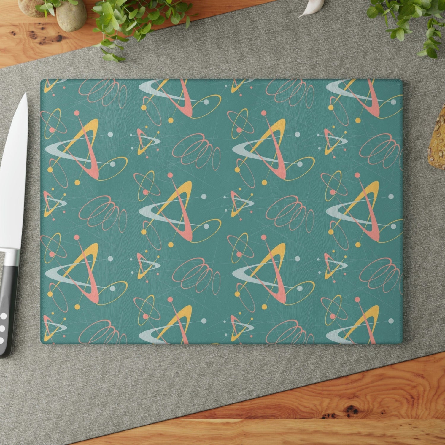Kate McEnroe New York Retro Atomic Starburst Glass Cutting Board, 50s Mid Century Modern Teal, Pink, Yellow Boomerang Tempered Glass Chopping Board, Gift for MomCutting Boards43223678332635311404