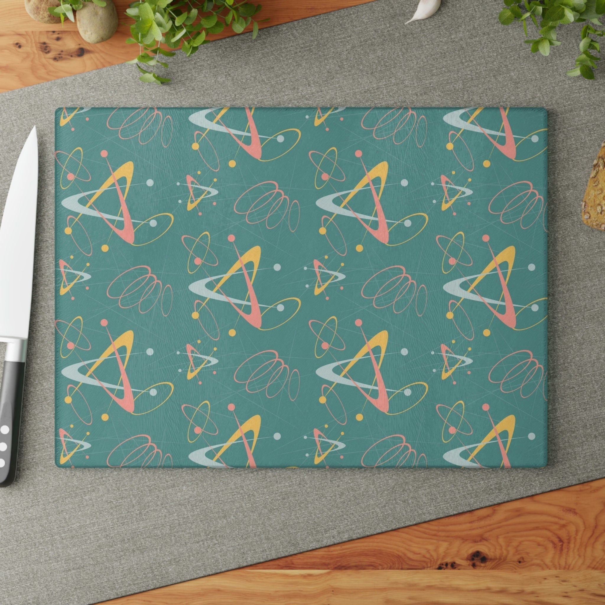 Kate McEnroe New York Retro Atomic Starburst Glass Cutting Board, 50s Mid Century Modern Teal, Pink, Yellow Boomerang Tempered Glass Chopping Board, Gift for MomCutting Boards43223678332635311404