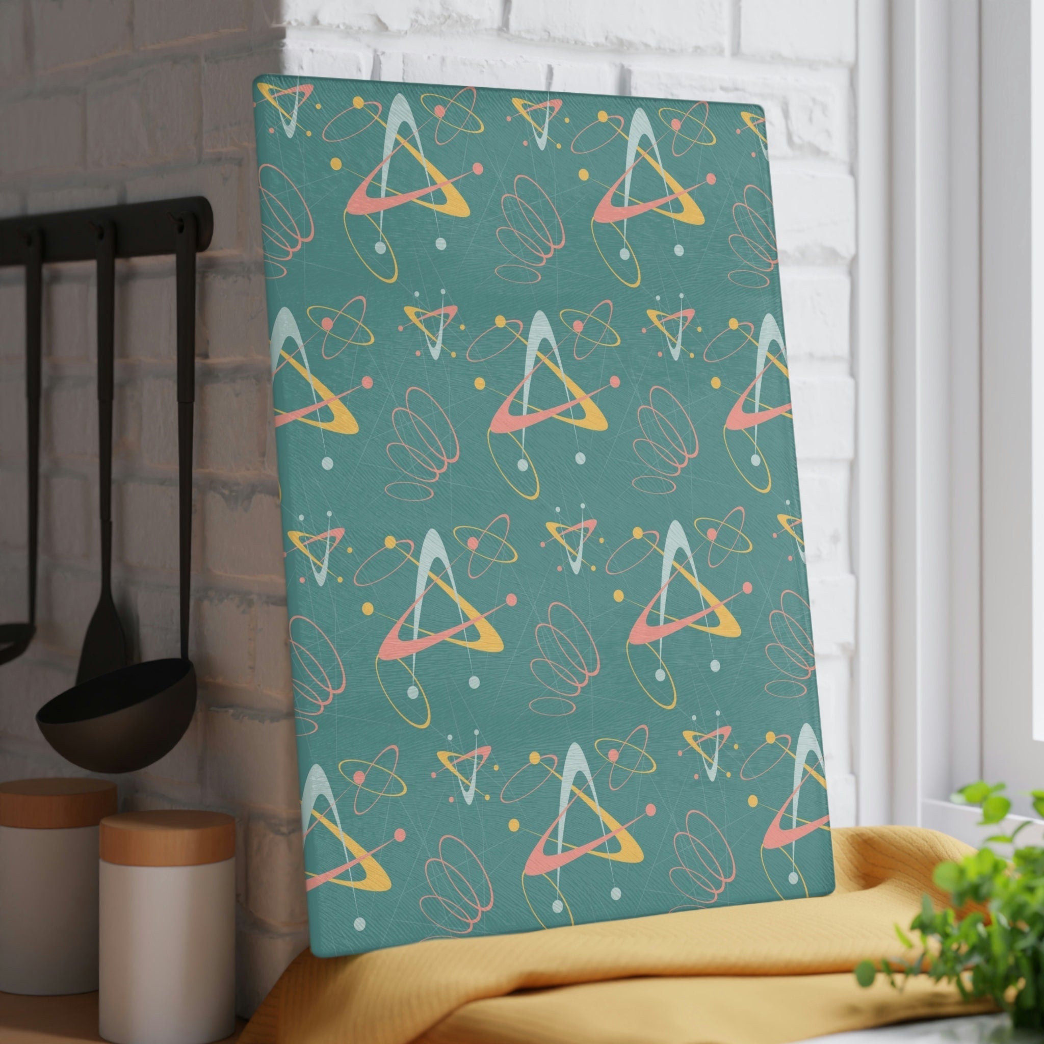 Kate McEnroe New York Retro Atomic Starburst Glass Cutting Board, 50s Mid Century Modern Teal, Pink, Yellow Boomerang Tempered Glass Chopping Board, Gift for MomCutting Boards43223678332635311404