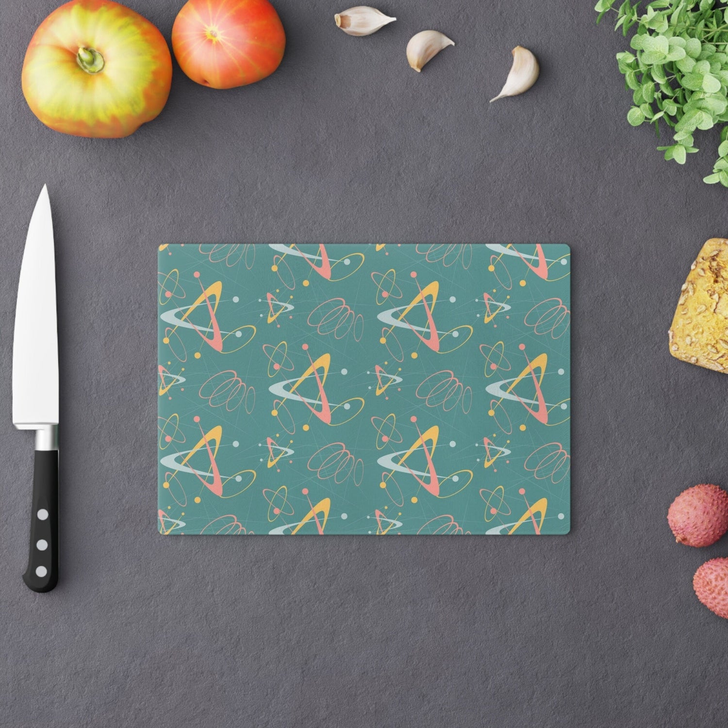 Kate McEnroe New York Retro Atomic Starburst Glass Cutting Board, 50s Mid Century Modern Teal, Pink, Yellow Boomerang Tempered Glass Chopping Board, Gift for MomCutting Boards43223678332635311404