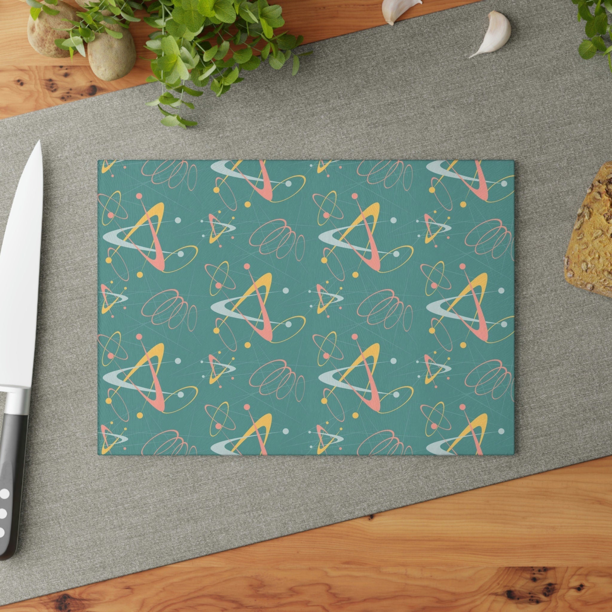 Kate McEnroe New York Retro Atomic Starburst Glass Cutting Board, 50s Mid Century Modern Teal, Pink, Yellow Boomerang Tempered Glass Chopping Board, Gift for MomCutting Boards43223678332635311404