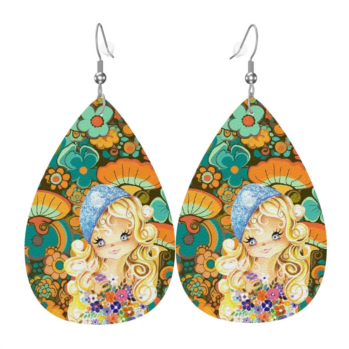 Kate McEnroe New York Retro Big Eyed Girl Earrings, 70s Flower Power Hippie Jewelry, Mod Teardrop DanglesEarringswwSjaoyeZW