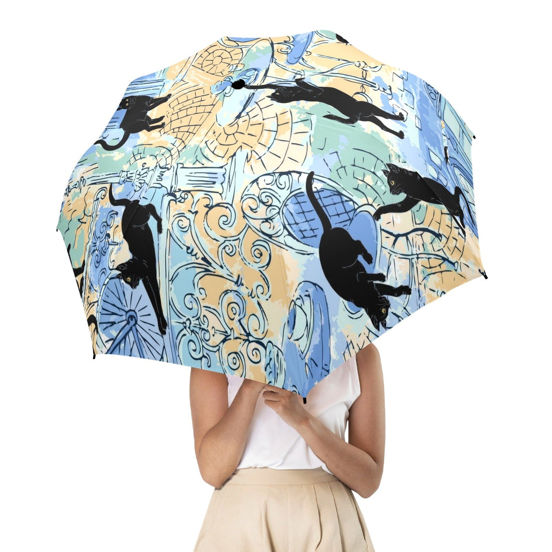 Kate McEnroe New York Retro Black Cat Umbrella, Mid Century Modern Parisian Art Rain GearUmbrellas25823774666613274504