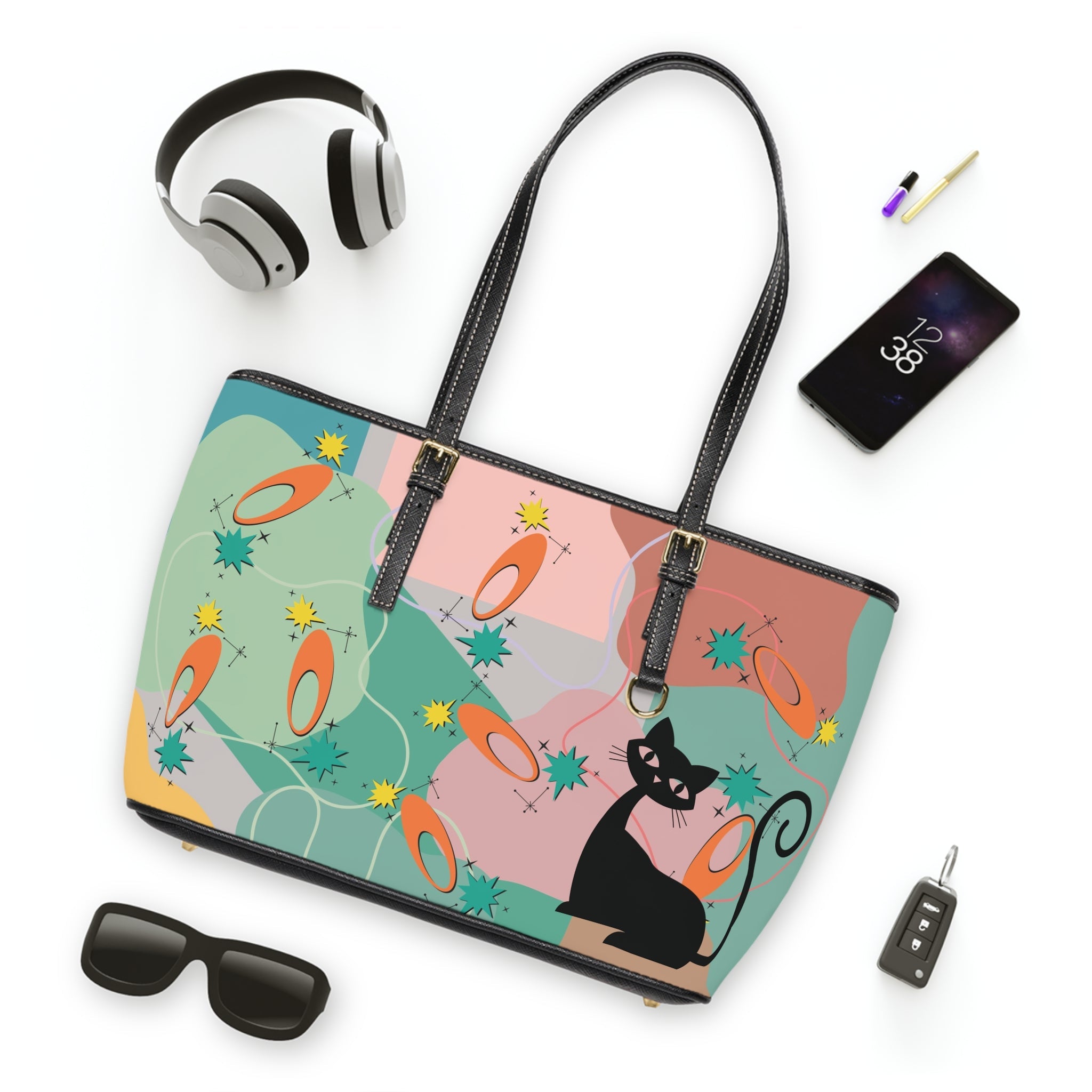 Kate McEnroe New York Retro Boomerang Atomic Cat Purse, 50s Kitsch Starburst Tote, Mid Mod Space Age MCM HandbagTotes25889637200334117509