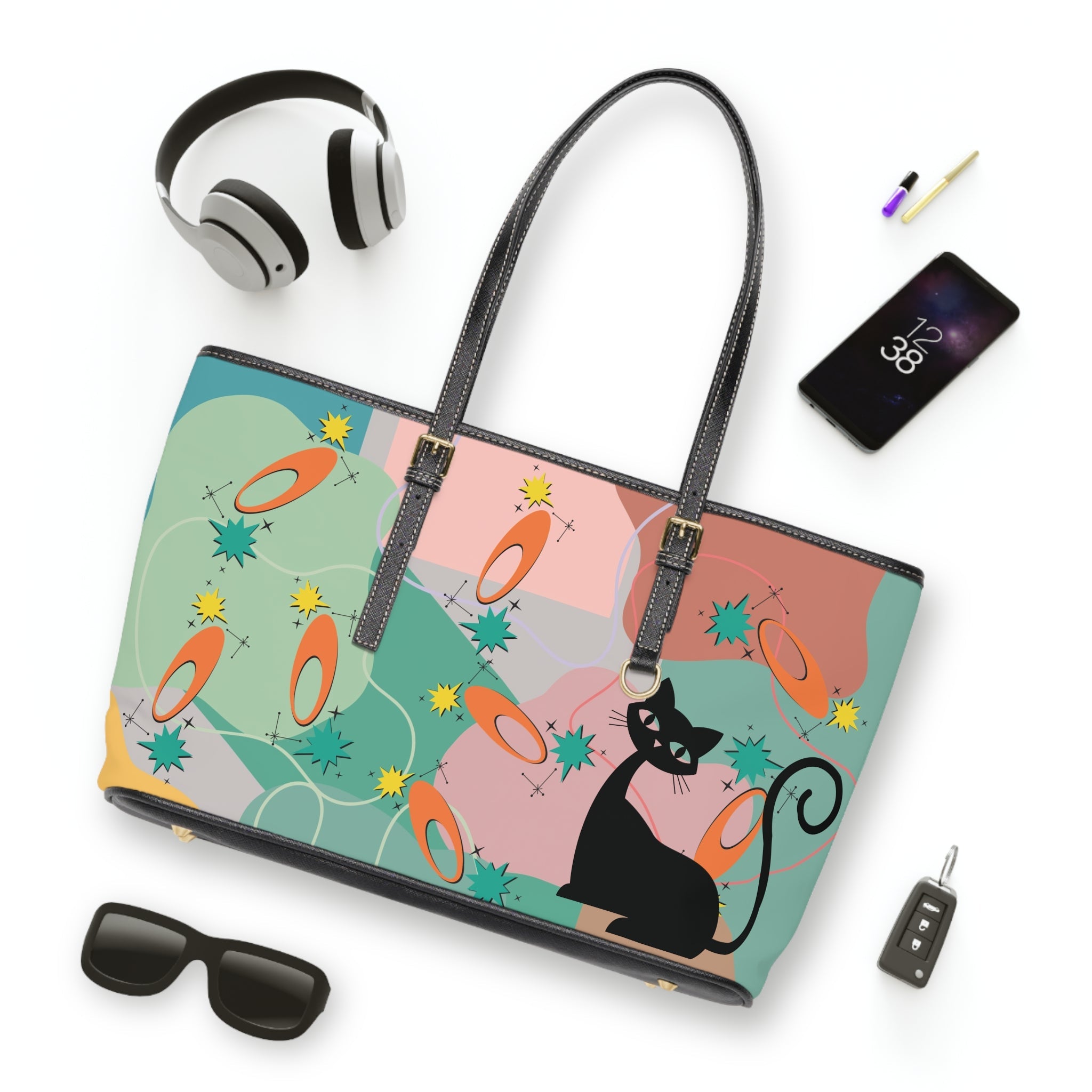 Kate McEnroe New York Retro Boomerang Atomic Cat Purse, 50s Kitsch Starburst Tote, Mid Mod Space Age MCM HandbagTotes45026227019382201080