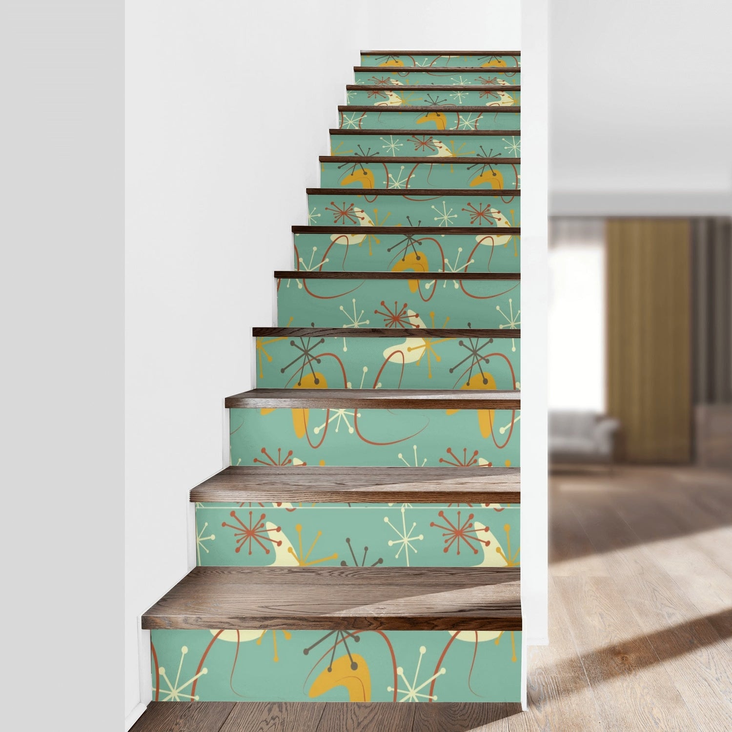 Kate McEnroe New York Retro Boomerang Starburst Peel and Stick Stair Risers, Mid Century Modern MCM Stair Stickers, Atomic Era 13pcs Staircase DecorStair RisersW8M0177W - 1