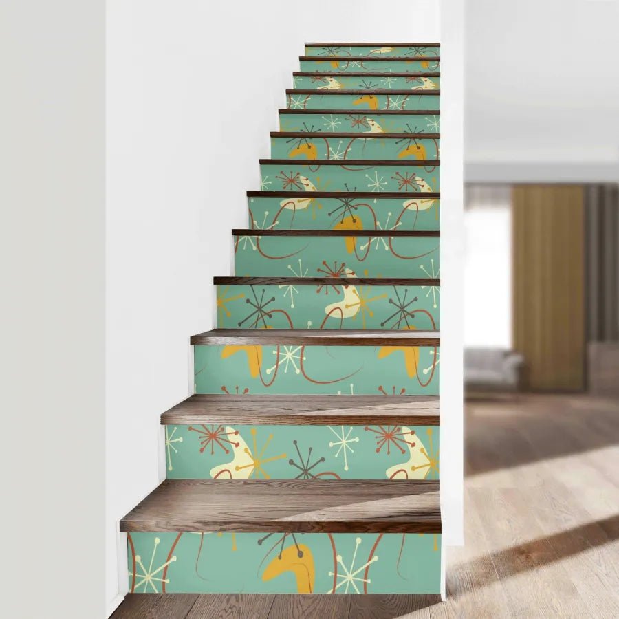 Kate McEnroe New York Retro Boomerang Starburst Peel and Stick Stair Risers, Mid Century Modern MCM Stair Stickers, Atomic Era 13pcs Staircase DecorStair RisersW8M0177W - 1