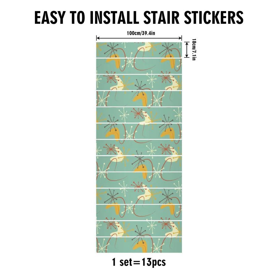 Kate McEnroe New York Retro Boomerang Starburst Peel and Stick Stair Risers, Mid Century Modern MCM Stair Stickers, Atomic Era 13pcs Staircase DecorStair RisersW8M0177W - 1