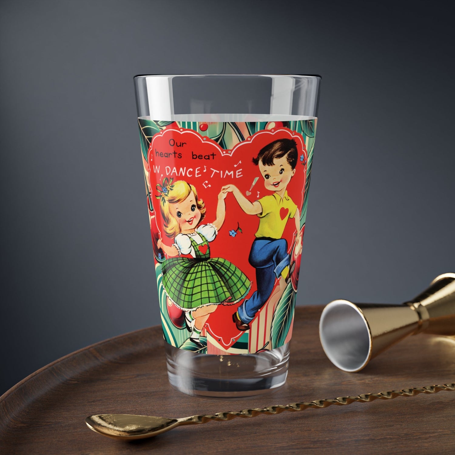 Kate McEnroe New York Retro Cherry Valentine Pint Glass, Mid Century Modern 50s Dancing Boy Girl Kitschy BarwarePint Glasses25522513193004902643