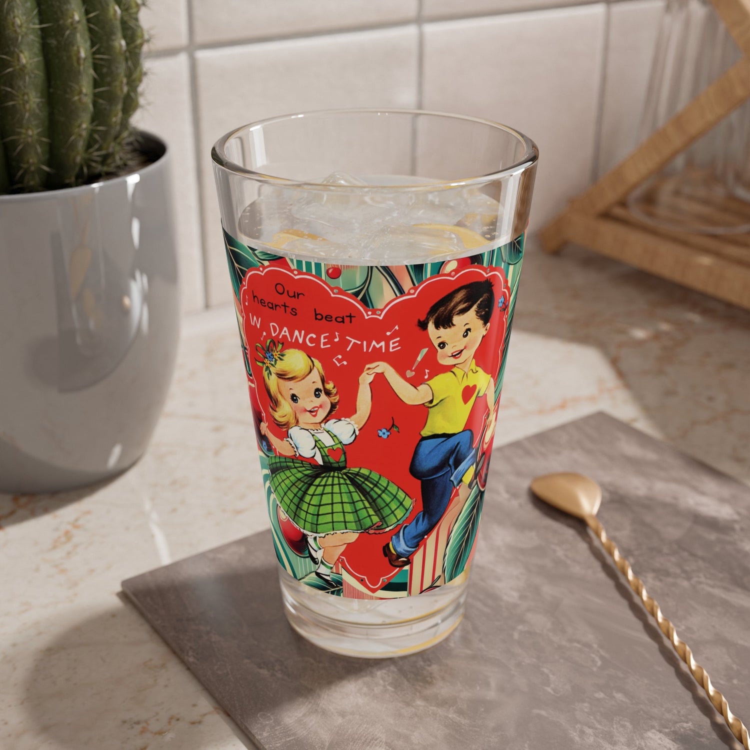 Kate McEnroe New York Retro Cherry Valentine Pint Glass, Mid Century Modern 50s Dancing Boy Girl Kitschy BarwarePint Glasses25522513193004902643