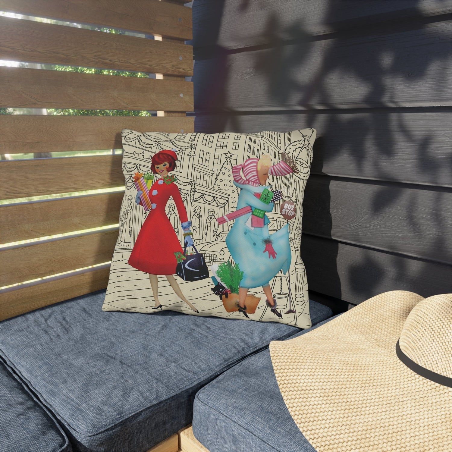 Kate McEnroe New York Retro Christmas Outdoor Pillow Mid Century Cityscape Holiday DecorOutdoor Throw Pillows27874958335957351532