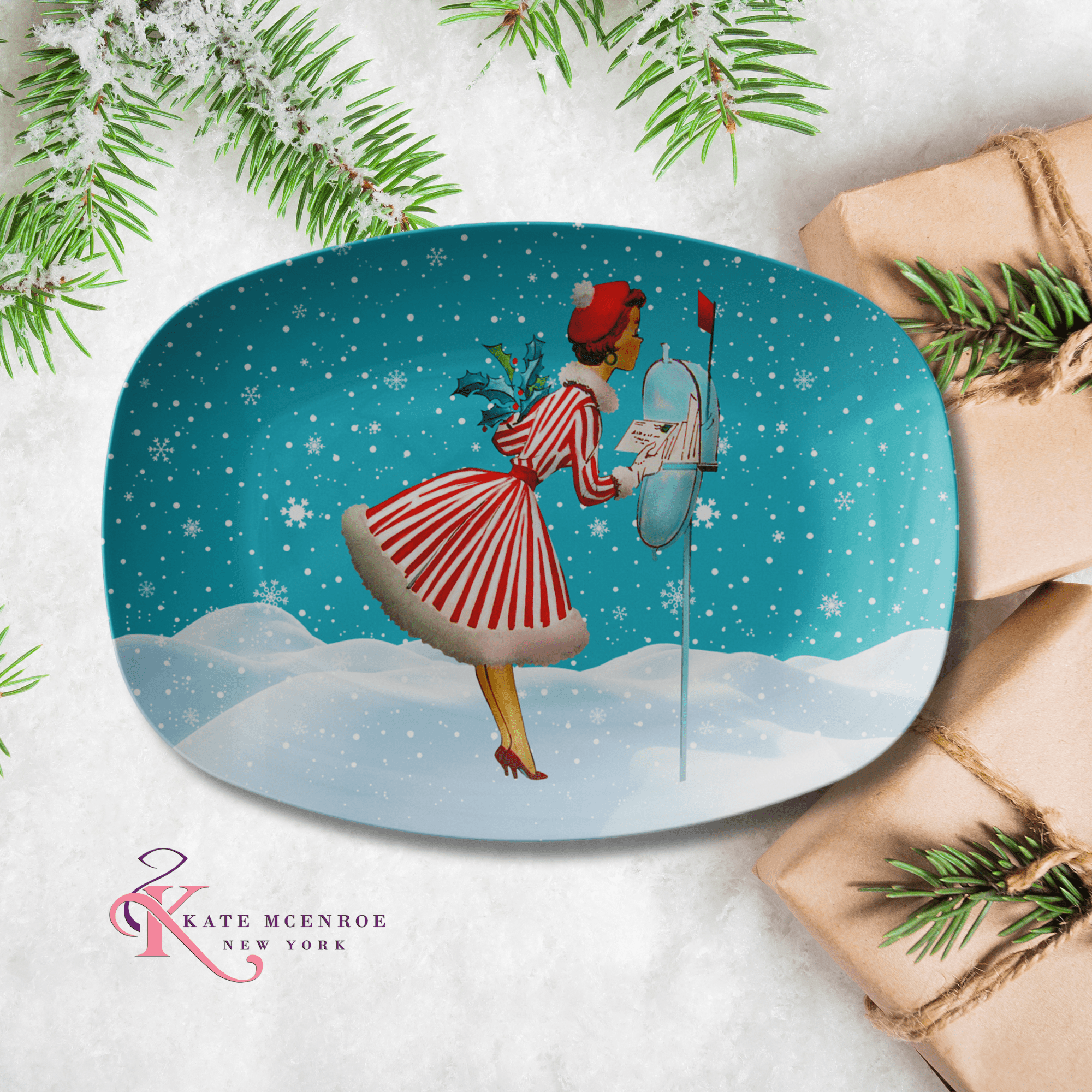 Kate McEnroe New York Retro Christmas Platter Mid Century Kitsch 1950s Holiday Serving WareServing PlattersRCP - TEAL - 006