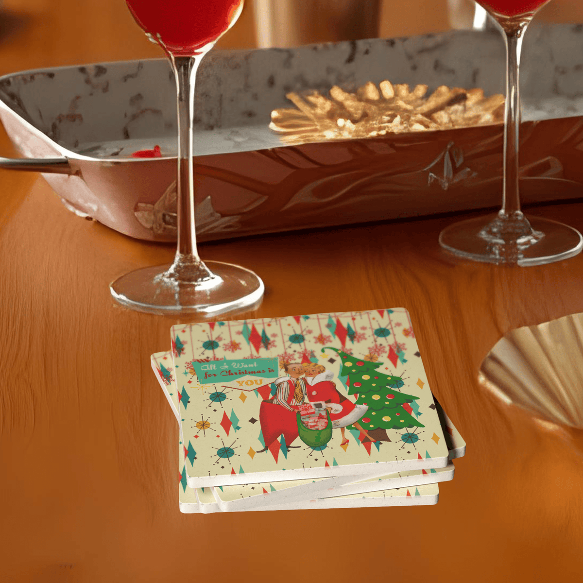 Kate McEnroe New York Retro Christmas Soapstone Coasters, Vintage Holiday MCM Drinkware Set of 4Coasters7021