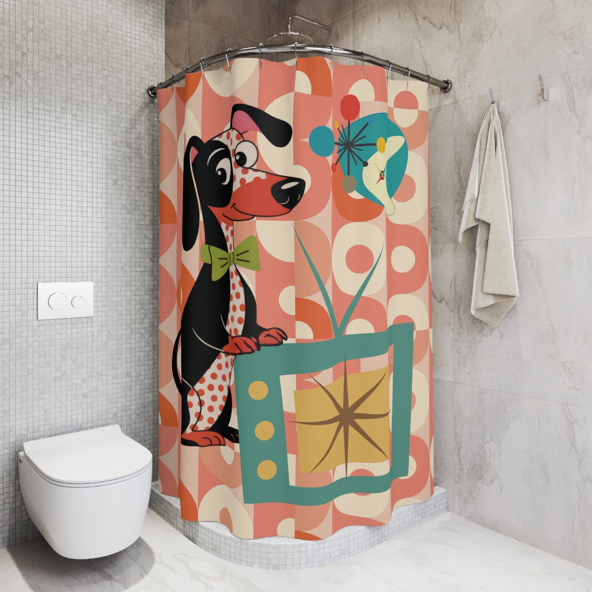 Kate McEnroe New York Retro Dachshund Dog Shower Curtain, Mid Century Modern TV Starburst Bath DecorShower Curtains13333018521558020847