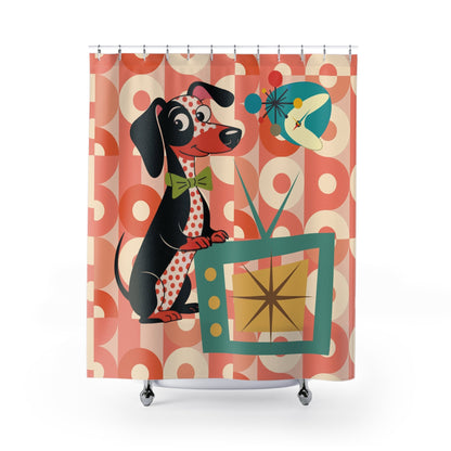 Kate McEnroe New York Retro Dachshund Dog Shower Curtain, Mid Century Modern TV Starburst Bath DecorShower Curtains13333018521558020847