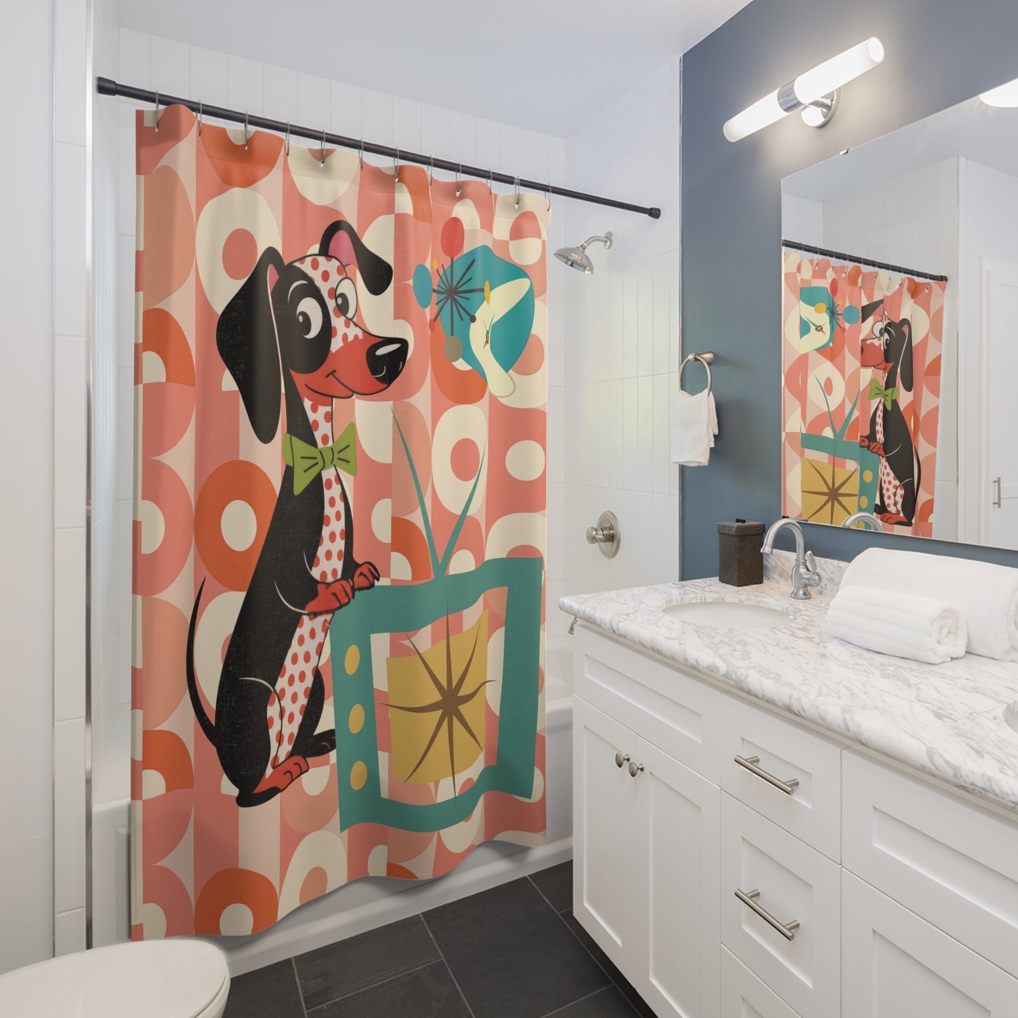 Kate McEnroe New York Retro Dachshund Dog Shower Curtain, Mid Century Modern TV Starburst Bath DecorShower Curtains13333018521558020847