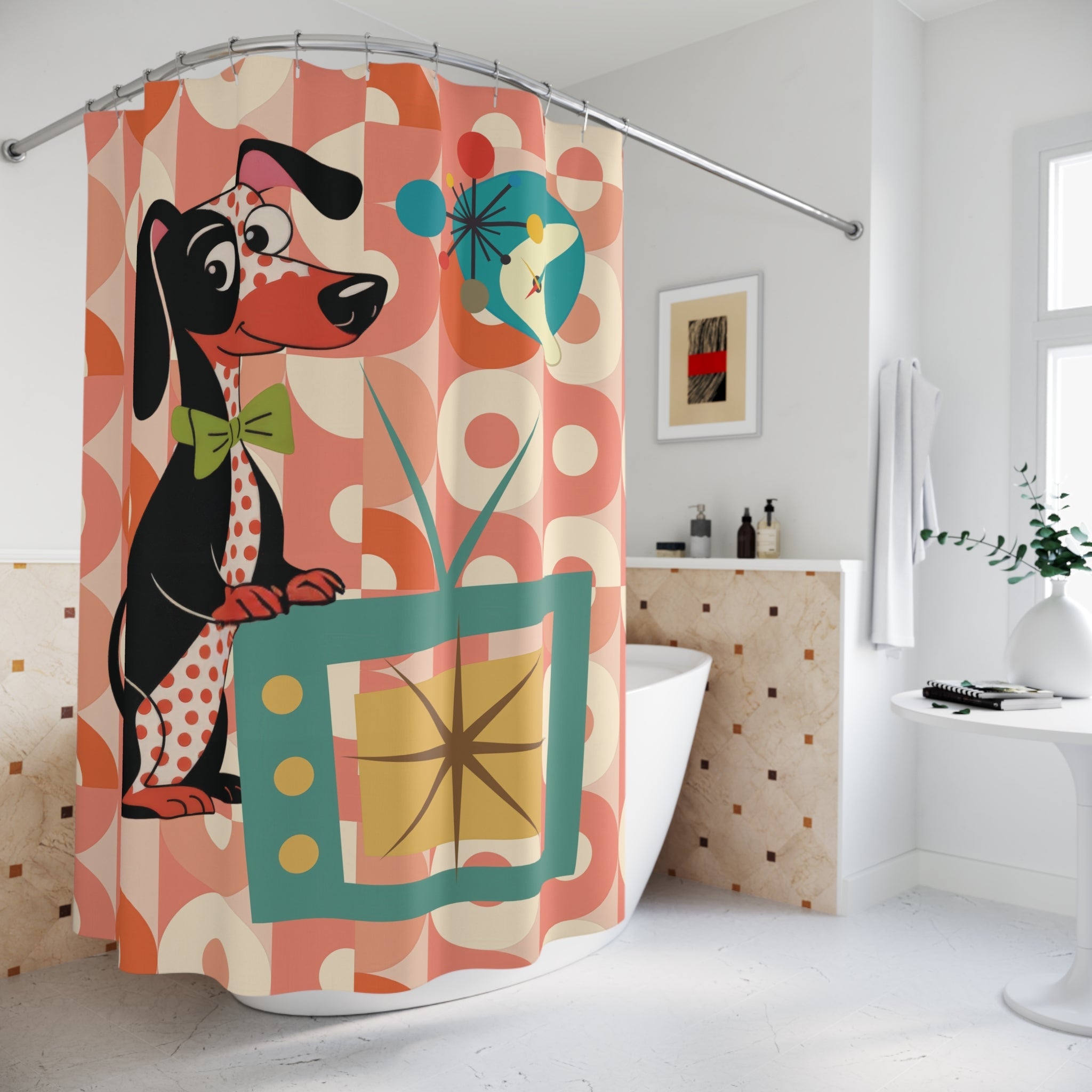 Kate McEnroe New York Retro Dachshund Dog Shower Curtain, Mid Century Modern TV Starburst Bath DecorShower Curtains13333018521558020847