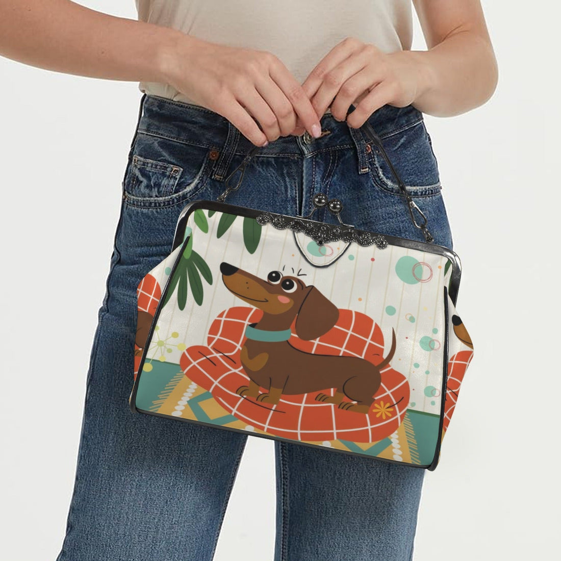 Kate McEnroe New York Retro Dachshund Kiss Lock Handbag Mid Century Dog Lover PurseCrossbody BagsD3268871