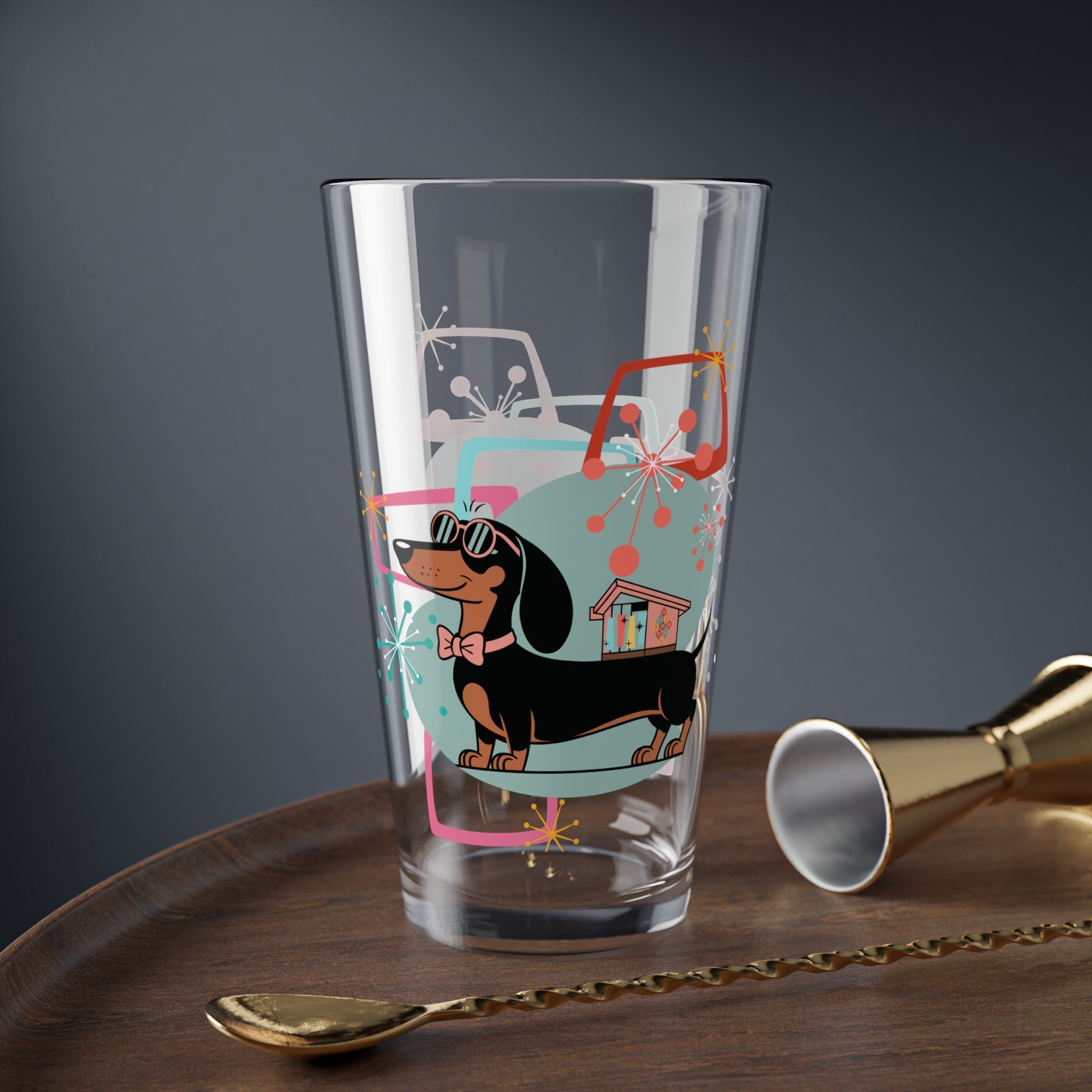 Kate McEnroe New York Retro Dachshund Mid Century Modern Pint Glass, MCM Starburst Dog Drinkware, Kitsch Barware GlassPint Glasses82455806609617366042