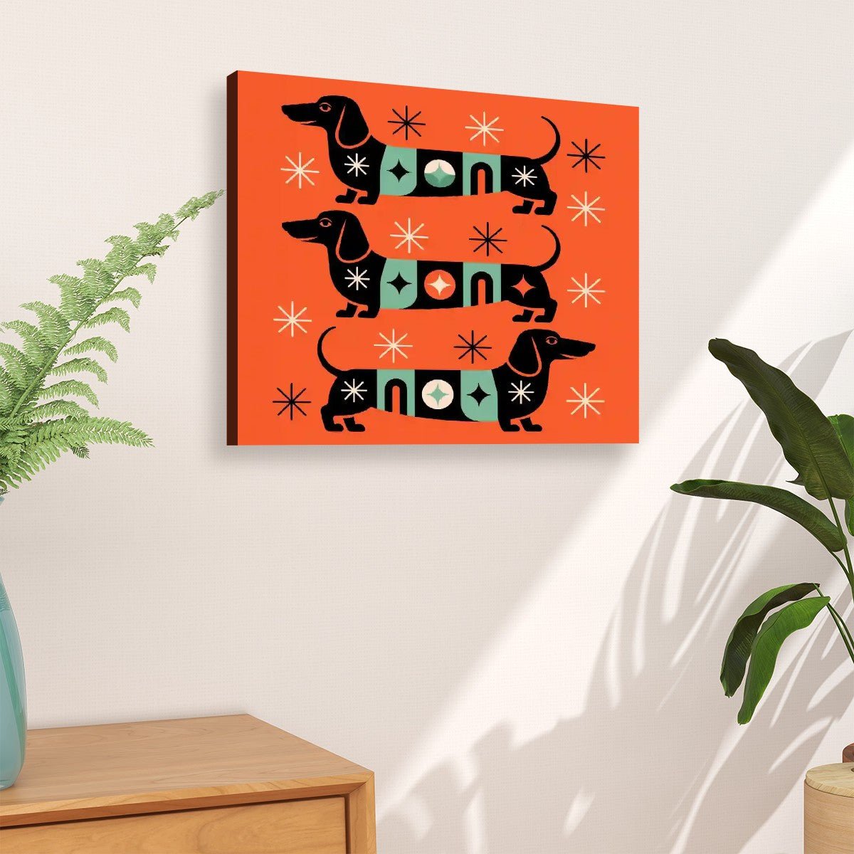 Kate McEnroe New York Retro Dachshund Mid Century Modern Wall Art, Vintage Kitsch Doxie Dog Starburst CanvasCanvas Wall ArtVI5Ht6Zaqz