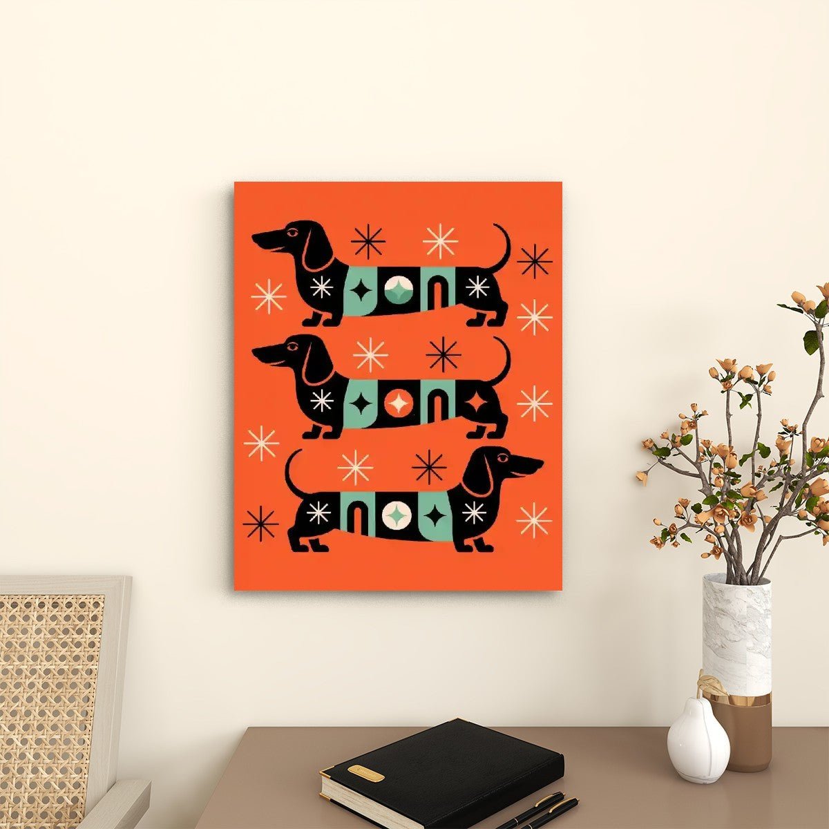 Kate McEnroe New York Retro Dachshund Mid Century Modern Wall Art, Vintage Kitsch Doxie Dog Starburst CanvasCanvas Wall ArtVI5Ht6Zaqz