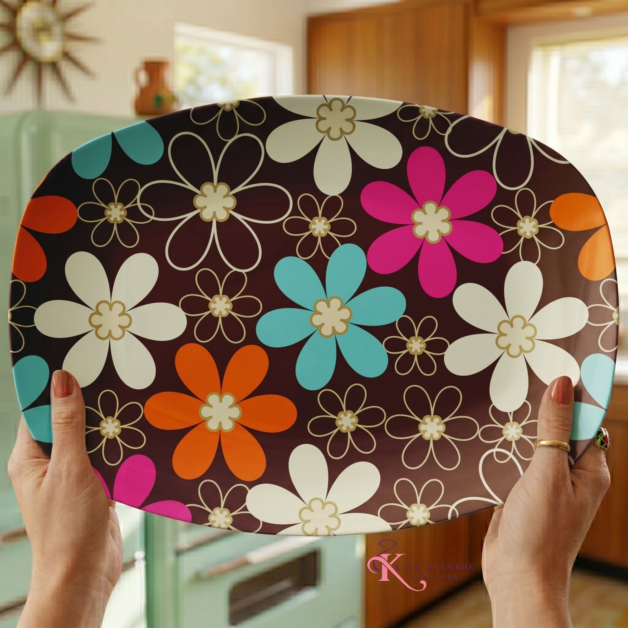 Kate McEnroe New York Retro Daisy Floral Serving Platter, Groovy Mid Century Modern DishServing Platters