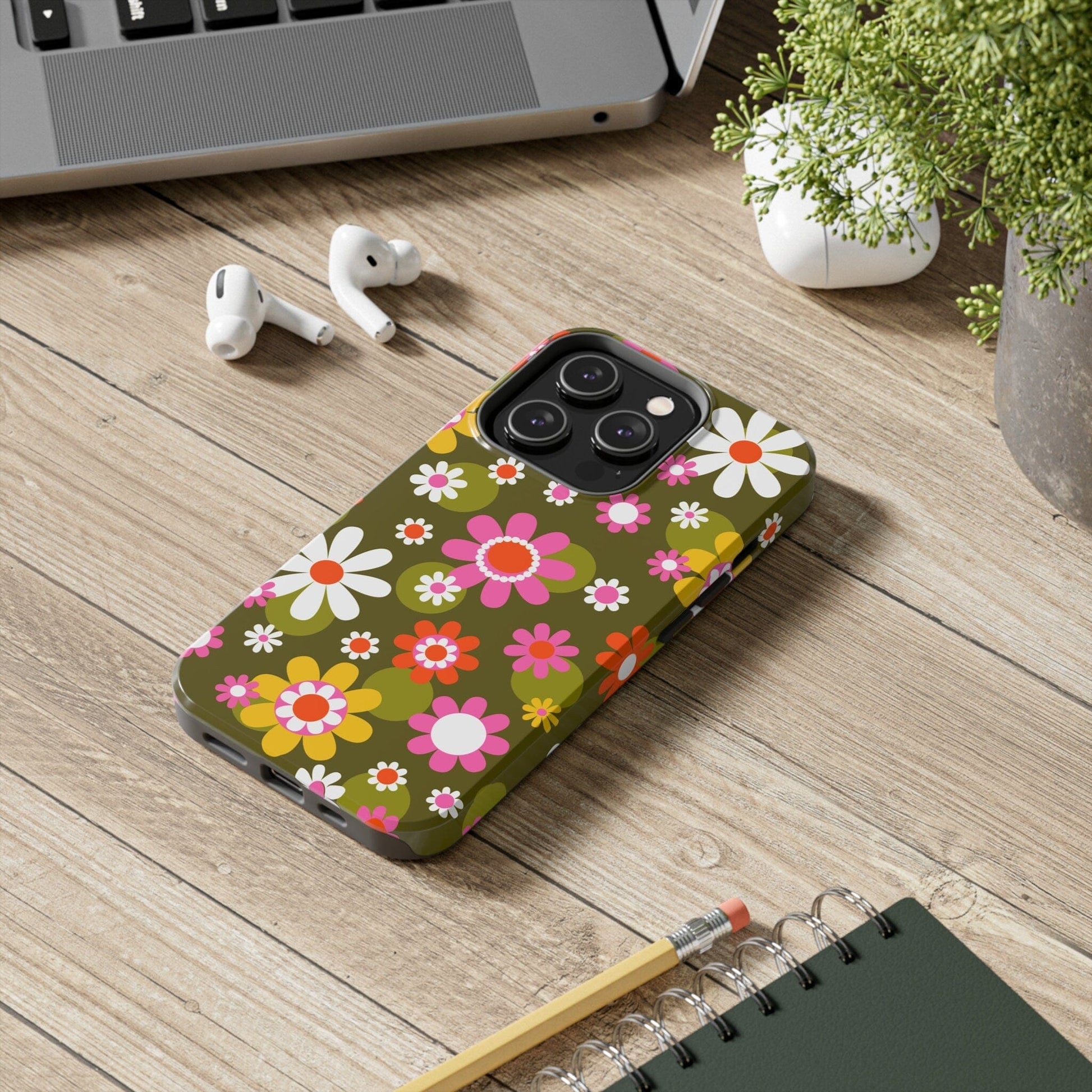 Kate McEnroe New York Retro Daisy Flower Power Phone Case for iPhone 14 Series, 70s Hippie Pink & Green Mid Century Modern Design - 13389123 Mobile Phone Cases