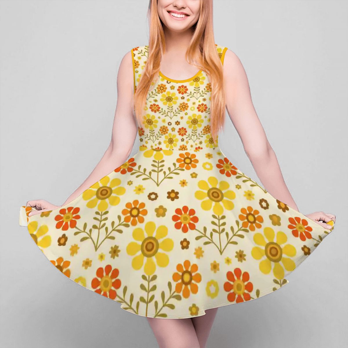Kate McEnroe New York Retro Daisy Skater Dress Yellow Orange 1970s Flower Power Swing DressSkater DressWVHo2H37vd