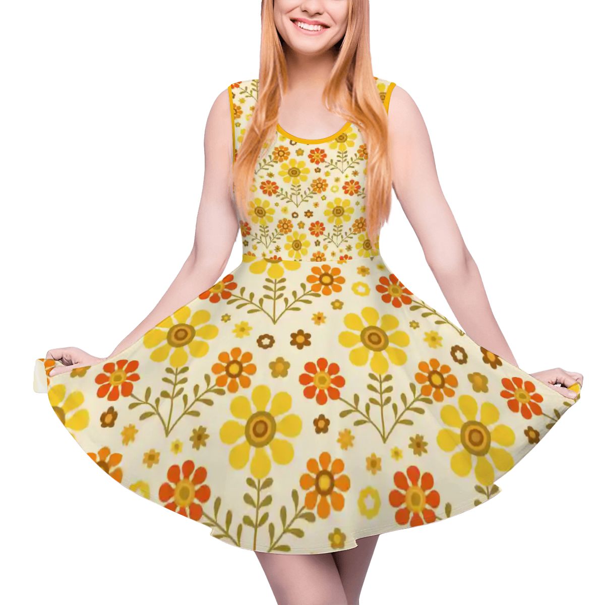Kate McEnroe New York Retro Daisy Skater Dress Yellow Orange 1970s Flower Power Swing DressSkater DressWVHo2H37vd